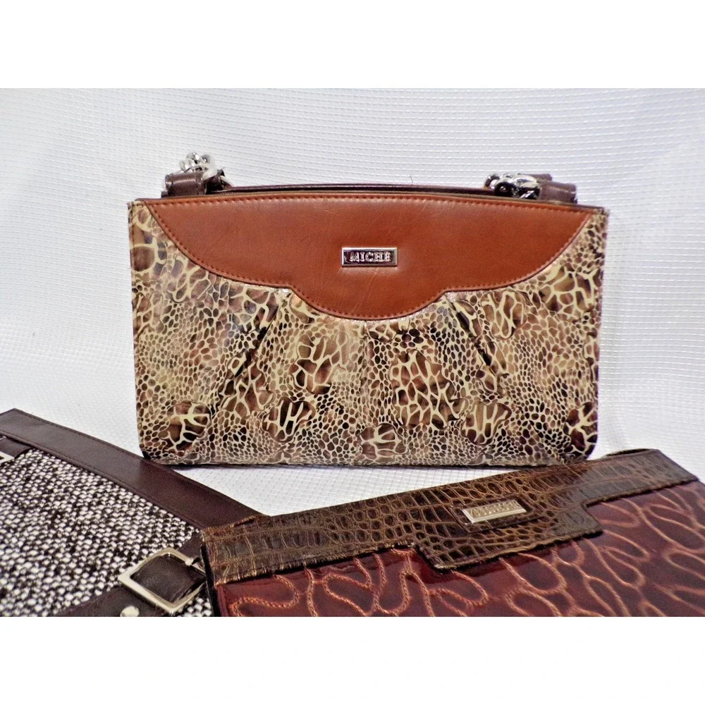 Miche Classic Brown w/Silver Chain Accents Handbag 3 Skins Tweed Bronze Brown
